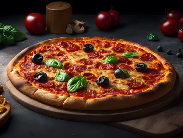 Une pizza avec une olive noire dessus