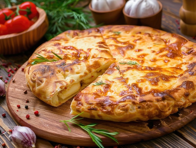 une pizza avec un panier de légumes et un bol d'ail