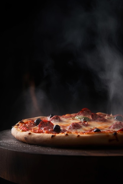 Une pizza avec une peau croustillante brune blanche dessus et un fond noir