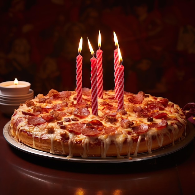 Pizza Pepperoni avec des bougies d'anniversaire sur la pizza dessus servie pour la fête d'année sur la table