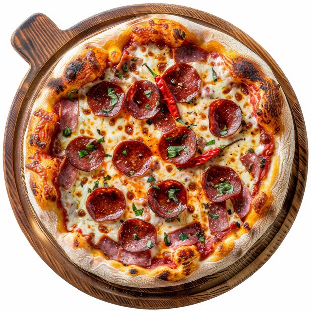 Photo pizza pepperoni pizza italienne traditionnelle diabolo pizza pain plat sur assiette en bois avec du piment au salami