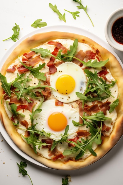 Pizza de petit-déjeuner avec œufs de bacon et roquette sur la table blanche à plat