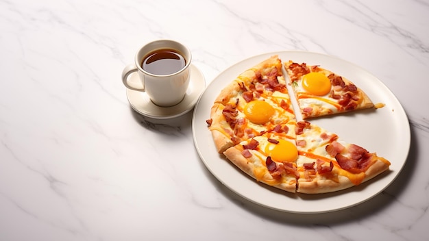 Pizza de petit-déjeuner avec œufs et bacon sur la table en marbre blanc Espace de copie