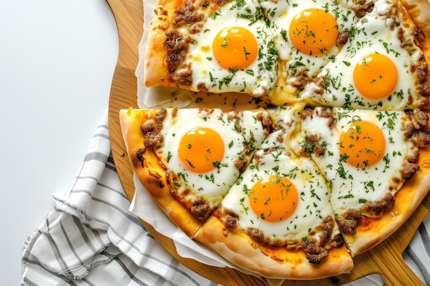 Pizza de petit-déjeuner avec œufs et viande sur la planche à découper sur la table blanche à plat