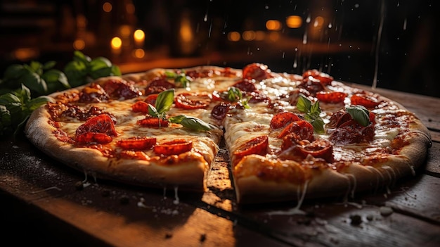 pizza pleine de légumes et de viande sur une table en bois avec un fond flou