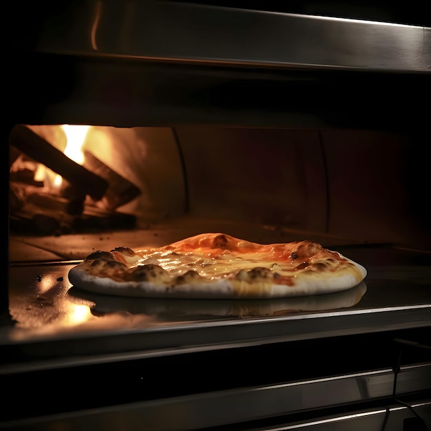 Pizza ronde au fromage basilic tomates épices Vue latérale Le four avec un feu en arrière-plan