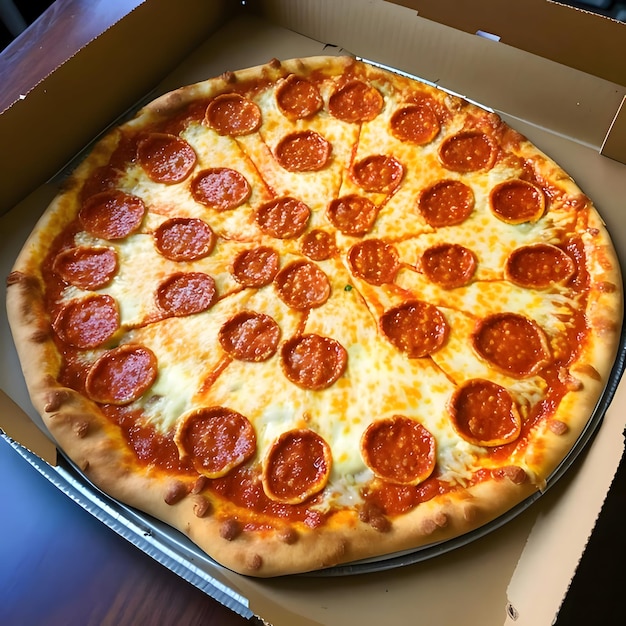 Pizza ronde aux épices de salami au fromage dans une boîte en carton Vue de dessus