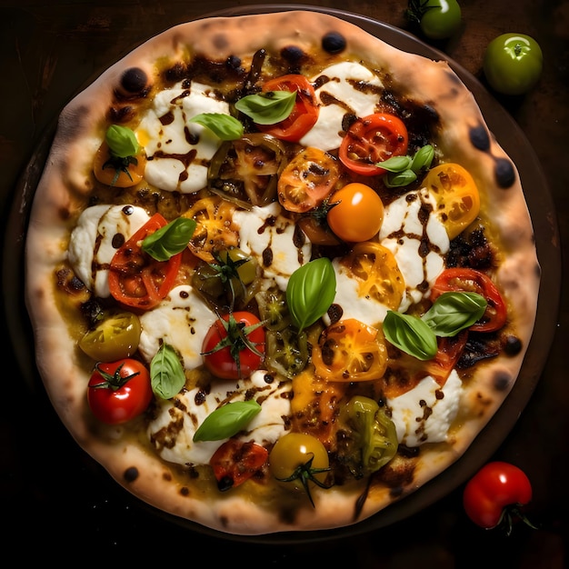Pizza ronde avec fromage jambon salami basilic tomates épices sur une planche de cuisine en bois décorations de légumes et d'épices tout autour vue de dessus