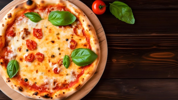 Une pizza à la sauce tomate et au basilic sur une table en bois.