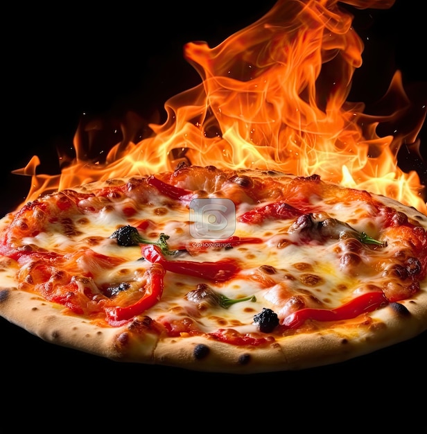 Pizza savoureuse chaude avec des flammes de feu sur fond sombre Image pour menu ou affiche