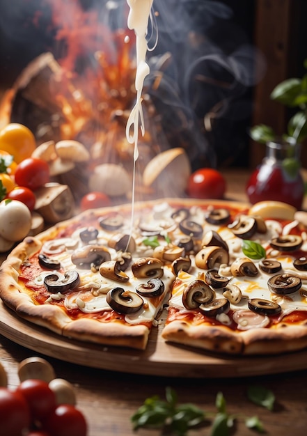 Une pizza servie avec des champignons et du fromage sur une table en bois à la cuisine