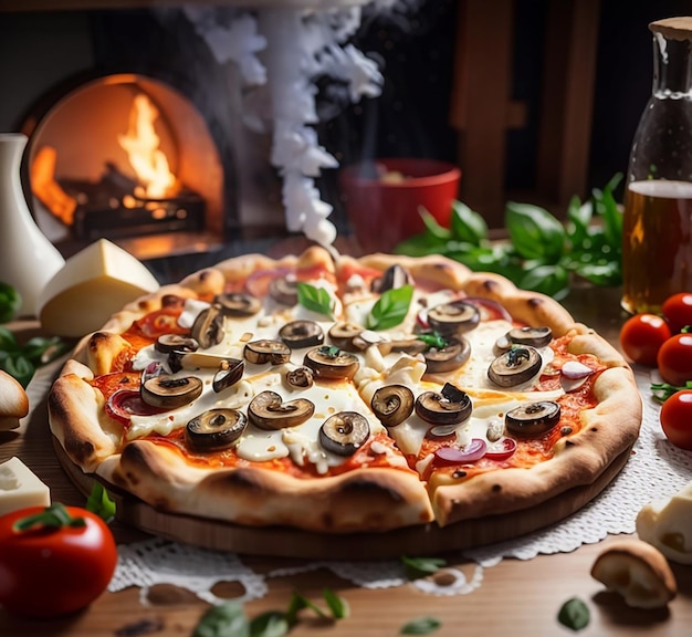 Une pizza servie avec des champignons et du fromage sur une table en bois à la cuisine