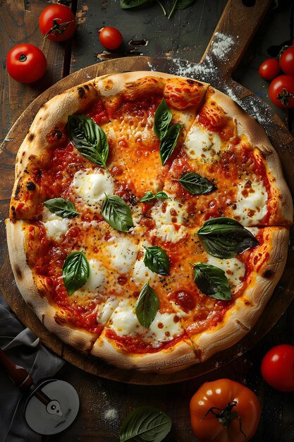 Une pizza de style californien avec des tomates et du basilic sur une planche de bois