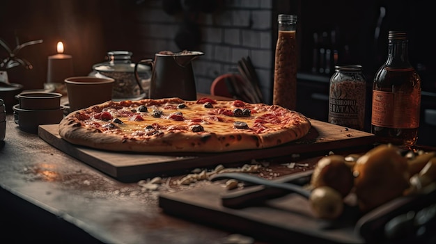 Une pizza sur une table avec une bouteille d'huile d'olive dessus