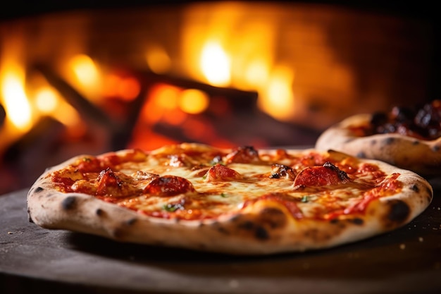 Une pizza sur une table devant une cheminée