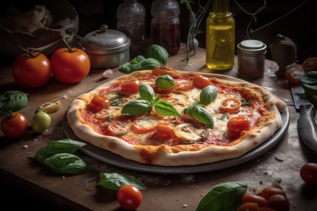 Une pizza sur une table avec des ingrédients sur la table