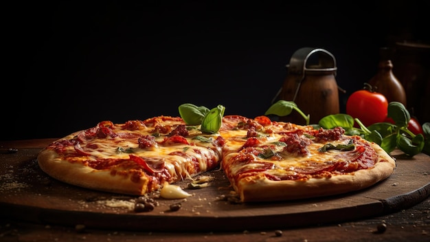 de la pizza sur une table ronde et des tomates