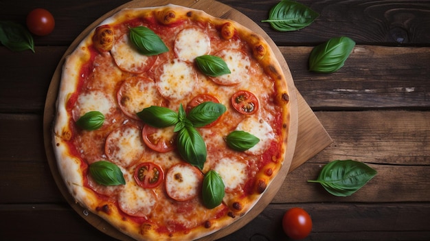 Une pizza avec des tomates et du basilic sur le dessus