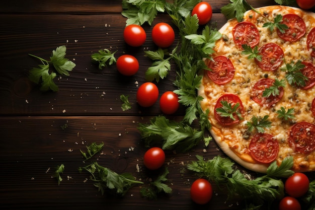 Une pizza avec des tomates et du basilic.