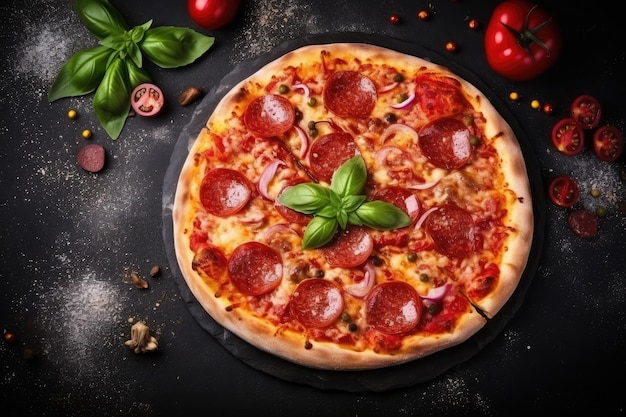 Une pizza avec des tomates et du basilic.