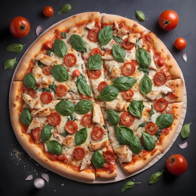 une pizza avec des tomates et du basilic