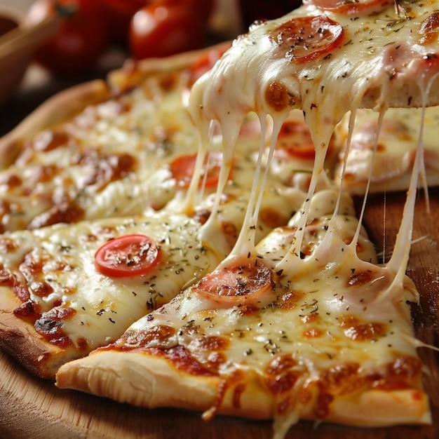 une pizza avec des tomates et du fromage est sur un plateau en bois