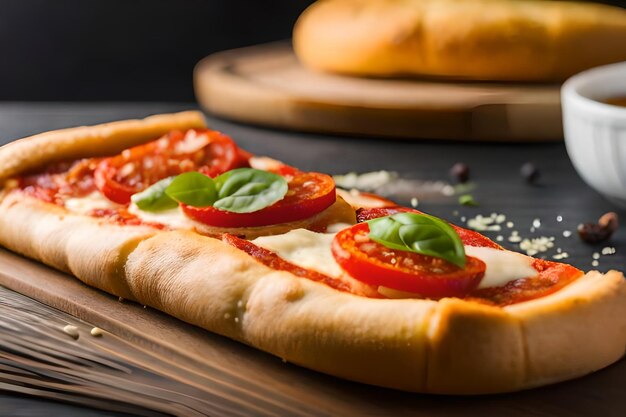 une pizza avec des tomates et du fromage sur une planche en bois