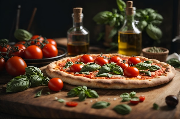 Photo pizza avec des tomates fraîches et des feuilles de basilic