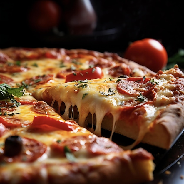 une pizza avec des tomates, des fromages, des olives et du basilic