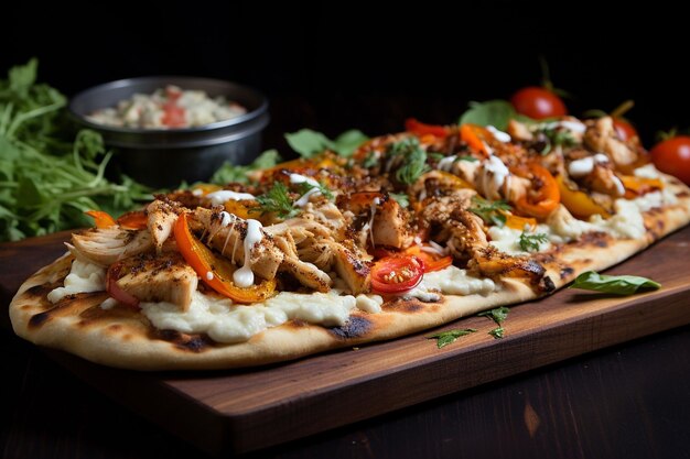 Photo une pizza avec des tomates de poulet et des oignons sur une planche en bois