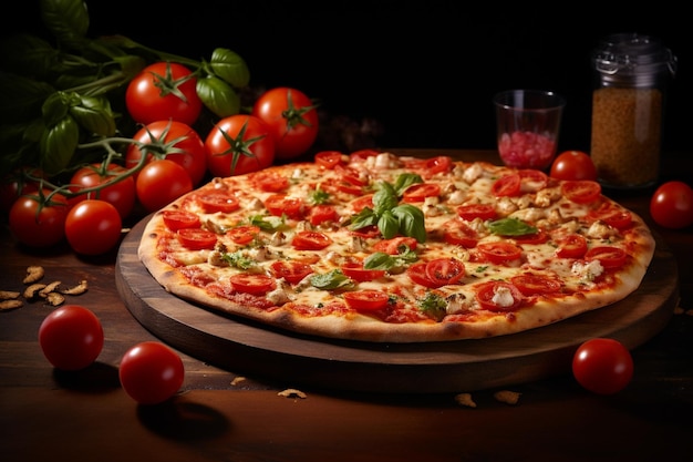 Une pizza avec des tomates sur une table en bois.