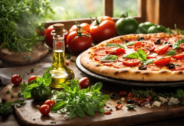 Photo pizza traditionnelle italienne margherita et un pot d'huile d'olive