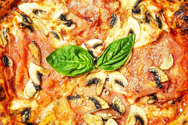 Pizza traditionnelle savoureuse chaude avec du jambon et des champignons