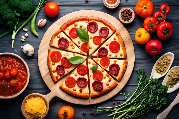 Une pizza avec une tranche découpée et un bol de légumes sur la table.