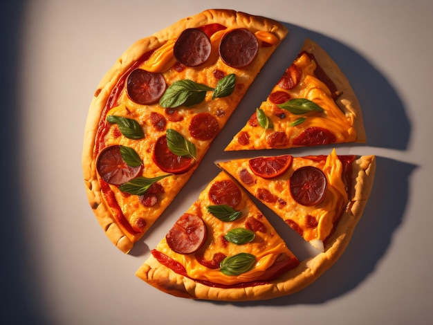 Une pizza avec une tranche découpée