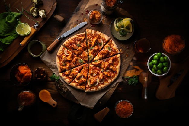 Une pizza avec une tranche manquante est posée sur une table avec une variété d'ingrédients, dont un coupe-pizza