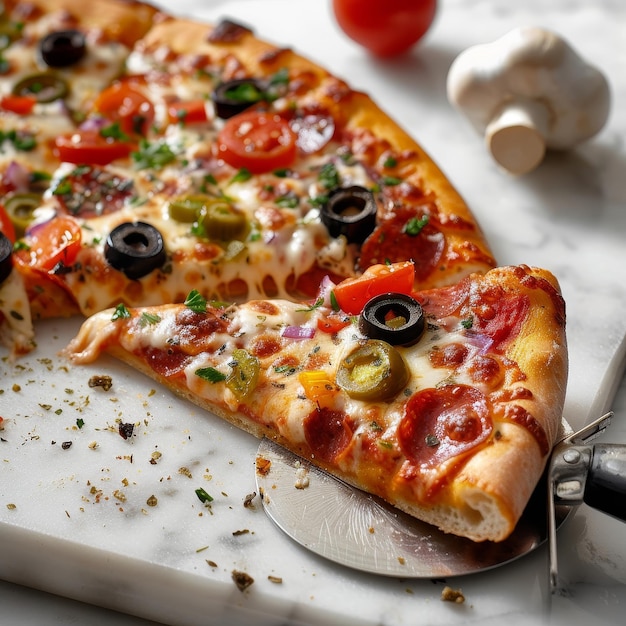 Pizza tranchée sur une planche à couper avec un couteau