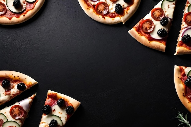Photo pizza tranchée sur une table noire à surface plate. vue supérieure de la pizza tranchée avec diverses garnitures sur un dar