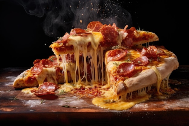 Pizza tranchée avec de la vapeur s'élevant du fromage fondu