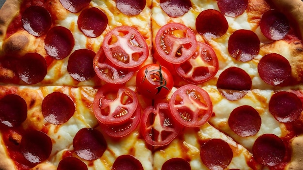 Une pizza avec des tranches de tomates et des pepperoni.