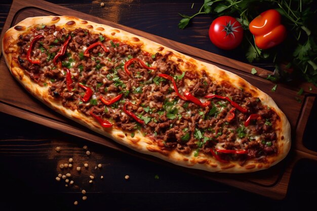 Pizza turque pide tomates cuillère en bois sur la table des amuse-gueules du Moyen-Orient cuisine turque
