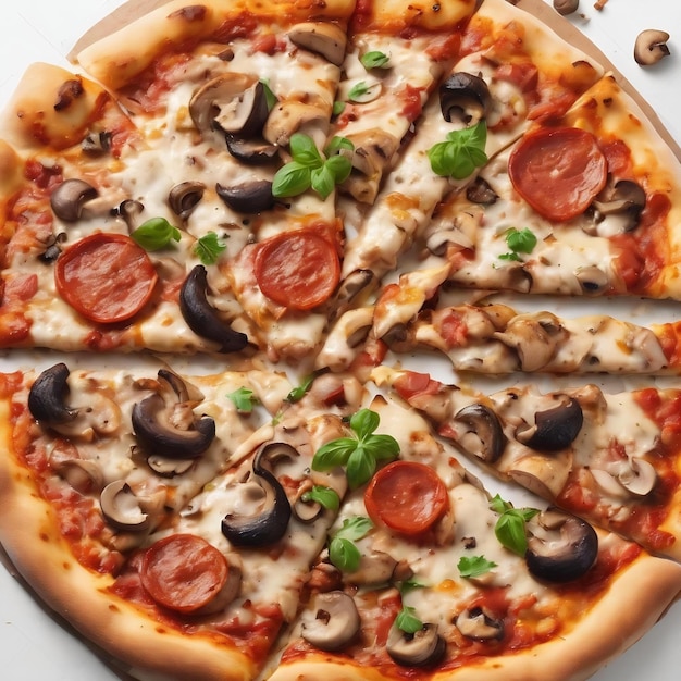 Pizza à la viande, au poulet et aux champignons isolée sur un fond blanc vue supérieure photo pour le menu