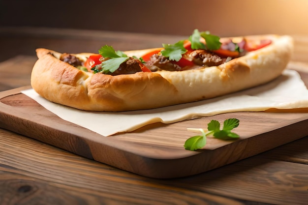 une pizza avec de la viande et des légumes sur une planche de bois