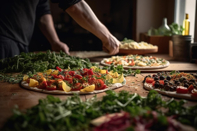 Pizzaiolo mettant du basilic frais sur une pizza ai générative