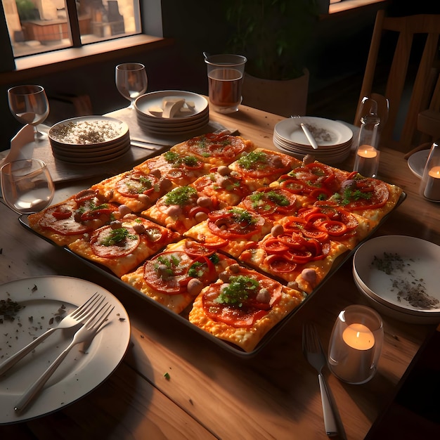 Pizzas carrées au fromage jambon salami basilic tomates épices sur une plaque à pâtisserieAutour des assiettes Vue latérale sur la table