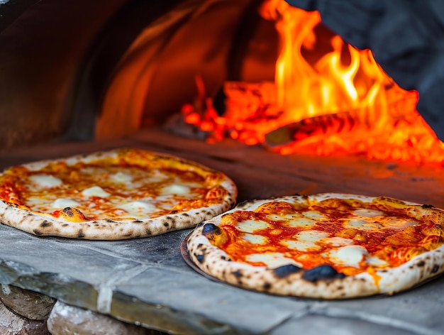 Des pizzas faites dans un four en argile cuites sur du bois de chauffage