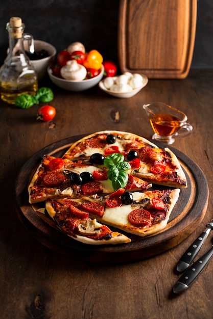 Photo pizzas italiennes fraîches faites maison avec mozzarella, saucisses pepperoni, olives et basilic sur la photo verticale de la table en bois. photo de haute qualité