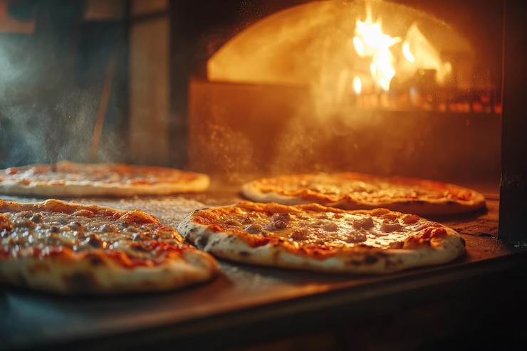 Photo les pizzas sont cuites dans un four chauffé avec des flammes visibles et de la vapeur s'élevant créant un arôme appétissant et une scène délicieuse ia générative