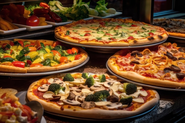 Pizzas sur une table de buffet dans un restaurant.