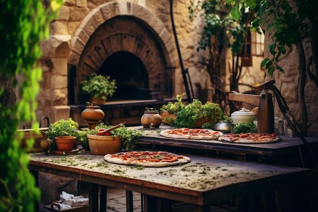 Une pizzeria traditionnelle avec un four en briques visible de la rue